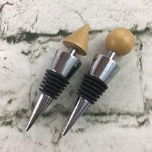 Lot Of 2 Wood Shaped Topped Wine Bottle Stoppers Stainless Steel Barware  - $9.89