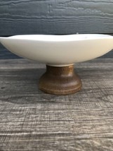 Vintage Porcelain w Wood Base Pedestal Footed Bowl Dish Pink Floral MCM Decor D6 - £21.42 GBP