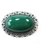 Sterling Silver Mexico Oval Brooch Green Jade? Stone Cabochon Ornate Fil... - £19.65 GBP