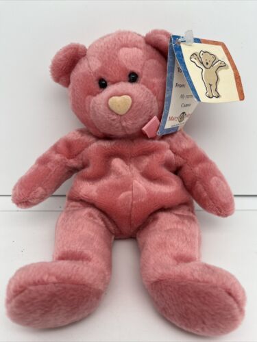 Vintage 1998 Mary Meyer Pink 8” Bear Decorated   In Hearts Named “Cameo” W/Tag - $14.95