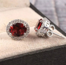 3Ct Oval Simulated Red Garnet Halo Stud Earrings 14k White Gold Plated Silver - £85.13 GBP