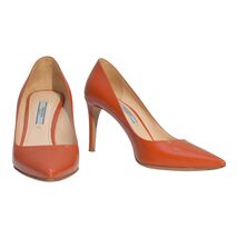 Prada Orange Saffiano Vernice Leather Pointed Toe Classic Stiletto Pumps... - $319.37 CAD