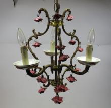 VTG Brass Applied Flowers Pink Roses Chandelier Hanging Swag 3 Lamp Ligh... - $499.99