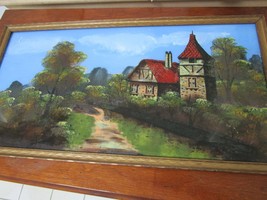 Reverse Painting On Glass Verre Eglise Cottage Illegible Title - $245.97