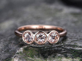 1.5ct Round Simulated Morganite Ring Bezel Set Trilogy 925 Silver Gold Plated - £90.21 GBP