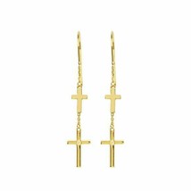 14K Solid Yellow Gold Diamond Double Cross Dangle Earrings - - £176.90 GBP