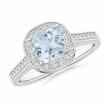 ANGARA Classic Cushion Aquamarine Ring with Diamond Halo for Women in 14K Gold - £1,004.25 GBP