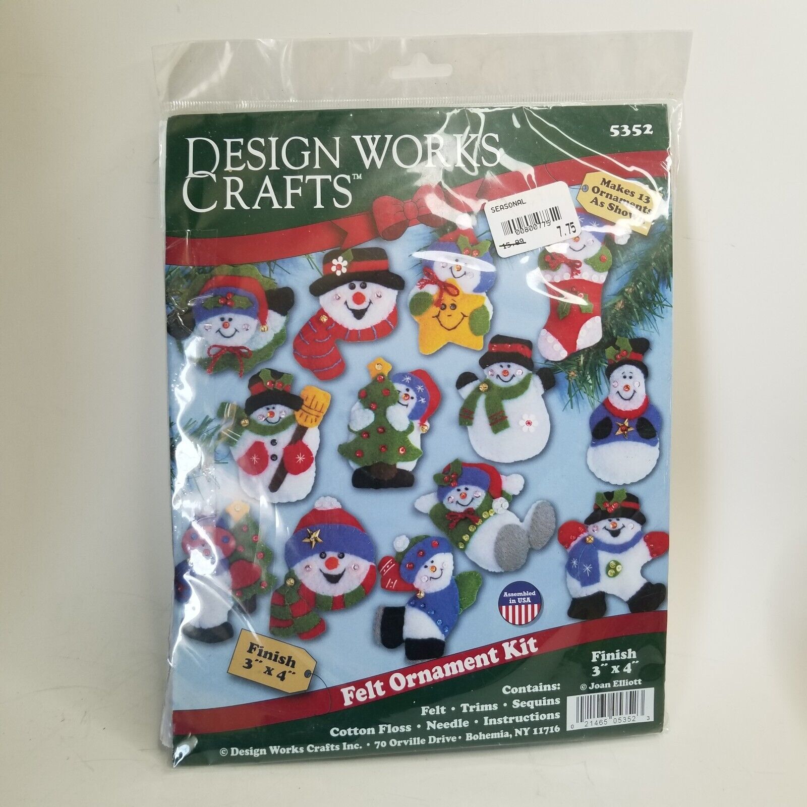 Design Works Crafts Felt Ornament Kit Sequins Makes 13 Snowmen Joan Elliot 5352 - $9.94
