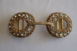 READ Vtg Gold Tone 2 piece Interlocking Belt Buckle w/ Rhinestones Double Circle - £11.99 GBP