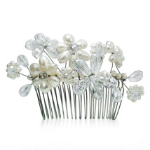 Floral Serenity White Pearls and Crystals Bridal Hair Comb Piece - $25.63