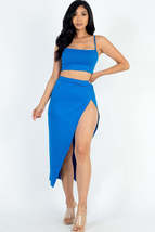 Sky Diver Blue Spaghetti Strap Cami Crop top and high slit bodycon Long ... - £9.44 GBP