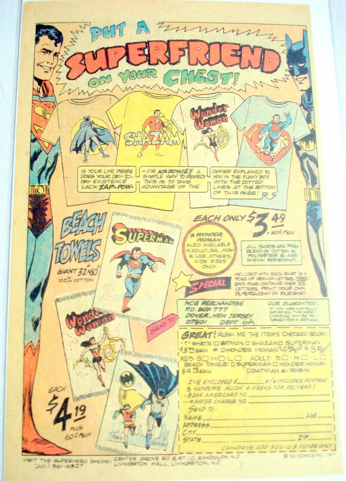 Primary image for 1977 Color Ad DC Super Hero T-Shirts and Beach Towels Wonder Woman, Superman 