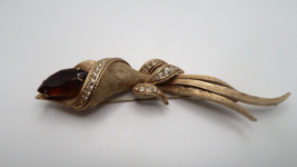 Vintage Signed Sarah Coventry Amber Glass Rhinestone Gold Flower Pin Brooch 12cm - £63.51 GBP