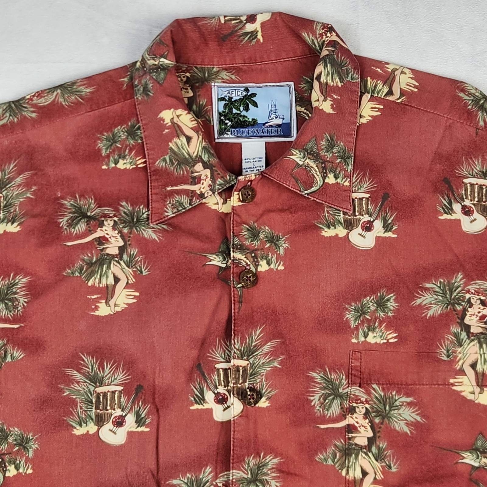 AFTCO Bluewater Mens Shirt Size Large Red Hawaiian AOP  Summer Fishing V... - $34.64