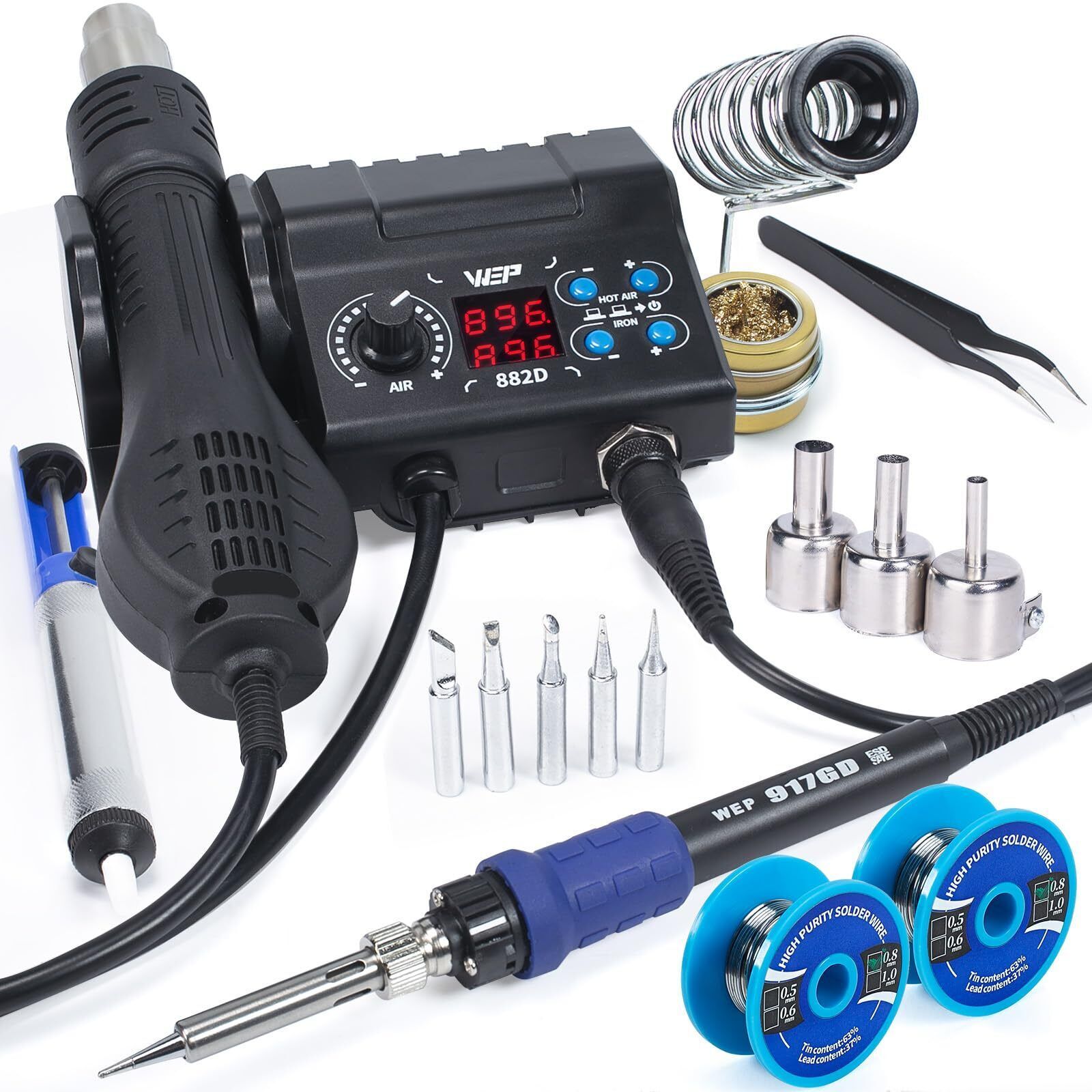WEP 882D Soldering Iron Station 2-IN-1 SMD Hot Air Rework Station with 2... - $116.16