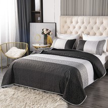 Gray Striped Patchwork Quilted Bedspread Set Black And White Reversible Bedroom  - £54.85 GBP