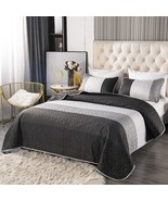 Gray Striped Patchwork Quilted Bedspread Set Black And White Reversible ... - £57.84 GBP