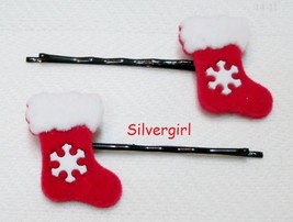 Cute Red Christmas Stocking Snowflake Bobbie Pins Little Girl Mom - $5.49