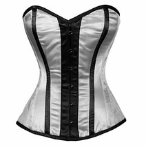 White Satin Black Strips Gothic Halloween Corset Costume Waist Training Overbust - £39.16 GBP