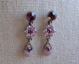 Lavender Purple Enamel Crystal Rhinestone Flower Drop Earrings 1-1/4&quot; Small - £7.00 GBP