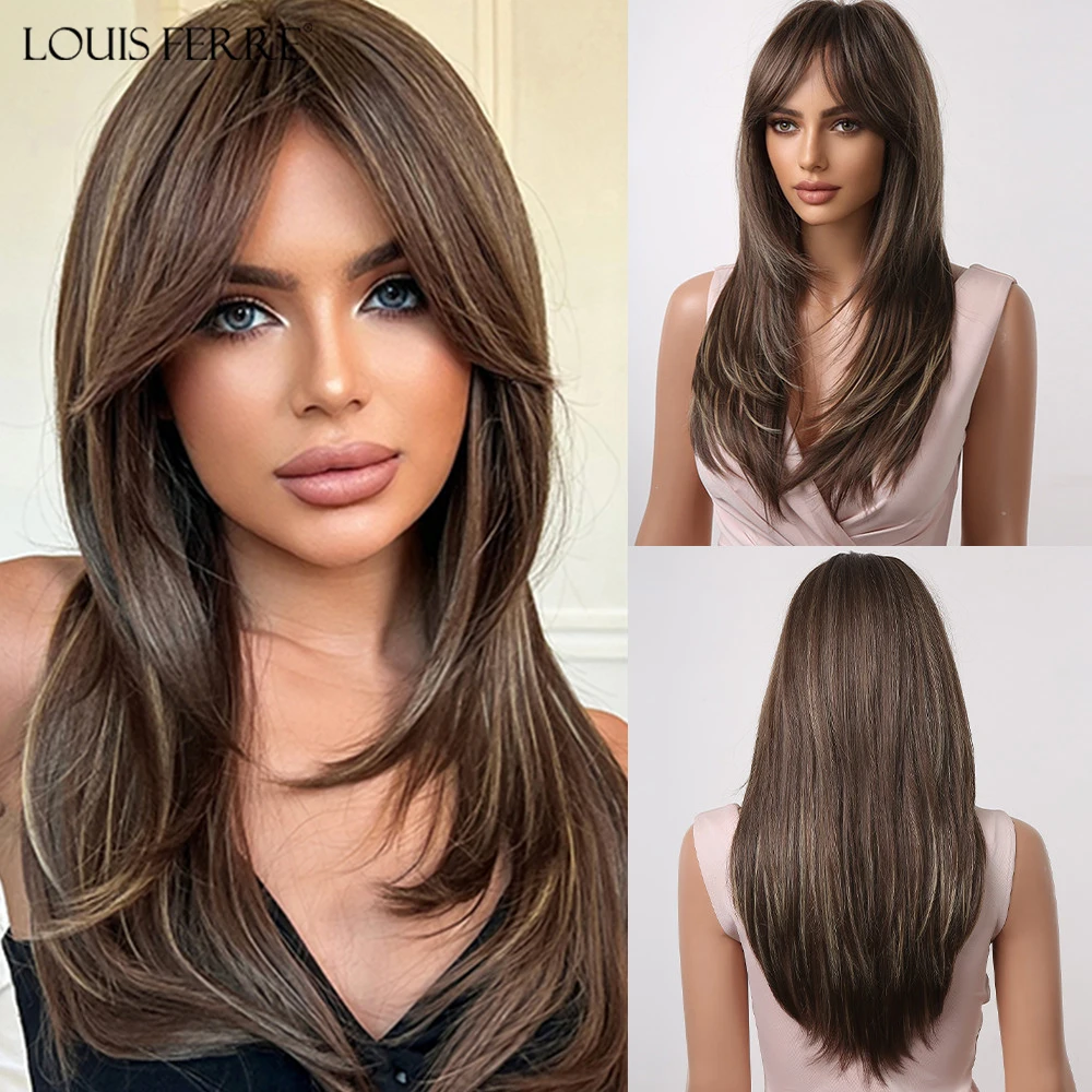 LOUIS FERRE Long Brown Layered Synthetic Wigs With Bangs Caramel Brown Straight - £17.40 GBP+