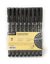 Pack of 9 Brustro Technical Pens Assorted Nib Size Artist Art Craft School Fun - £29.74 GBP