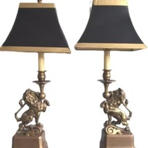 Art Deco French Table Lamp Brass Figural Prancing Lions Candelabra Black Shades - $6,786.32