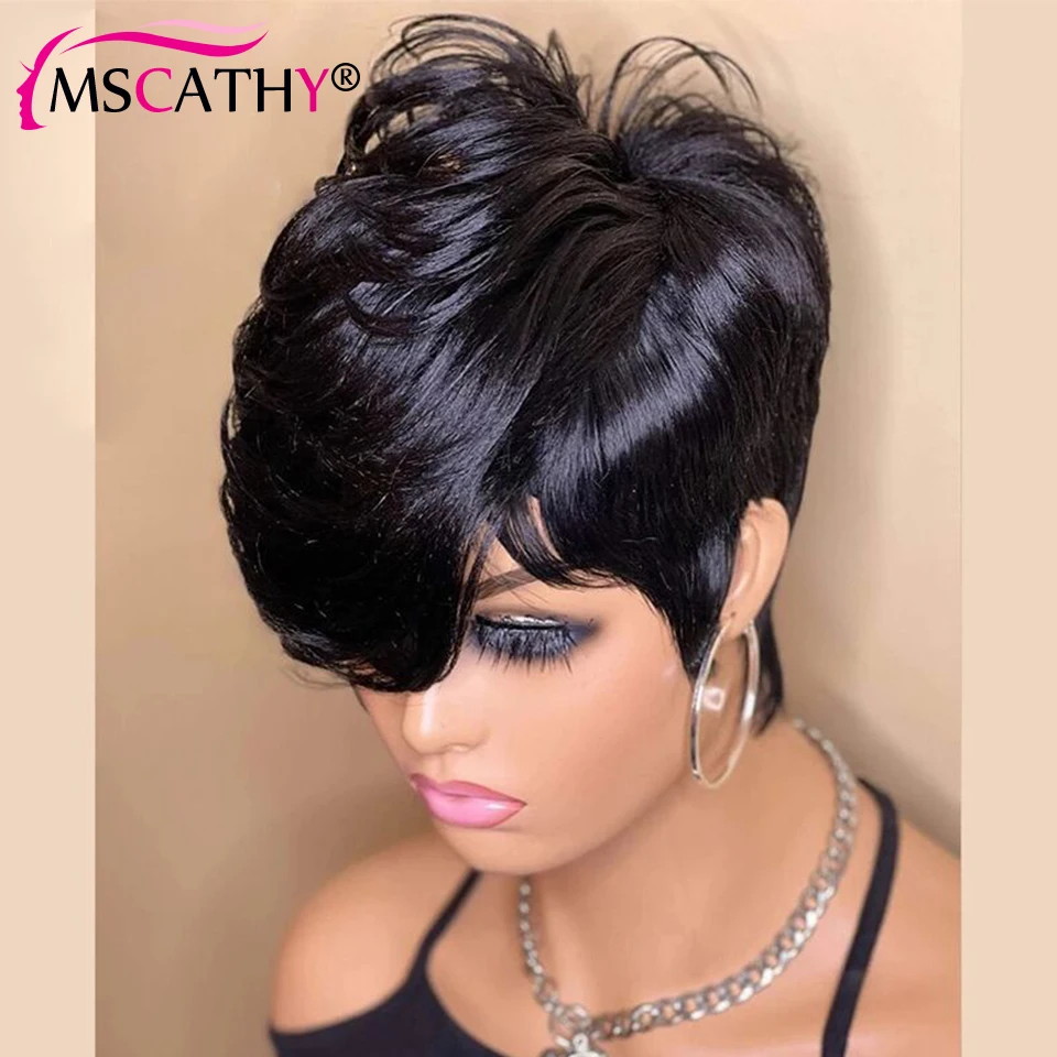 Black Color Glueless Wigs Natural Human Hair Wigs For Black Women Pixie C - £39.70 GBP+
