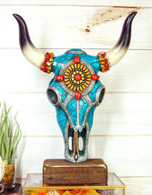 Rustic Western Aztec Mosaic Turquoise Cow Steer Bull Skull Desktop Sculp... - €35,16 EUR