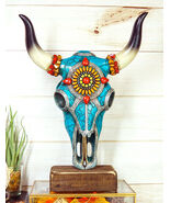 Rustic Western Aztec Mosaic Turquoise Cow Steer Bull Skull Desktop Sculp... - $57.10 CAD