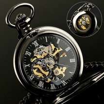 Mens Pocket Watch Mechanical Black Steampunk Skeleton Retro Chain Luxury Classic - £31.96 GBP