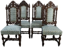 Set of 4 Antique Dining Chairs French Hunting Renaissance Carved Oak Blue Fabric - £3,037.54 GBP