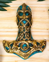 Ebros Turquoise Gold Colored Thor Hammer Viking God Thor&#39;s Mjolnir Wall Decor - £31.96 GBP