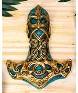 Ebros Turquoise Gold Colored Thor Hammer Viking God Thor&#39;s Mjolnir Wall ... - £31.59 GBP