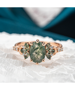 Oval Moss Agate Ring with Moissanite Nature-Inspired Design Leaf Ring - $350.00+