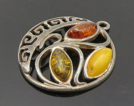 925 Sterling Silver - Vintage Amber Floral Vine Greek Key Pendant - PT12473 - £28.36 GBP