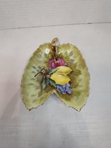 Vintage Decorative Leaf Shaped Hand Painted Bowl Pink Flowers Gold Edge  - £16.35 GBP
