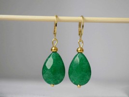 Green jade earrings gold, Teardrop dangling earrings, Green faceted gemstone dro - £27.09 GBP