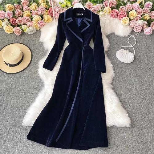 Elegant Lady&#39;s Coat Autumn Winter Velvet Suit Collar Dress Long To The Ankle Ove - £457.60 GBP