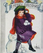 Christmas Postcard Girl Making Snowman Whitney Vintage Antique Original Unused - £14.22 GBP