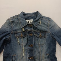 G by Guess Women's Blue Denim Distressed Long Sleeves Jacket Pockets Size Medium image 11
