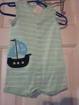 NWT CARTERS Boy&#39;s 6M Boat Applique Green &amp; White Stripe Sleeveless Short Outfit  - £5.58 GBP
