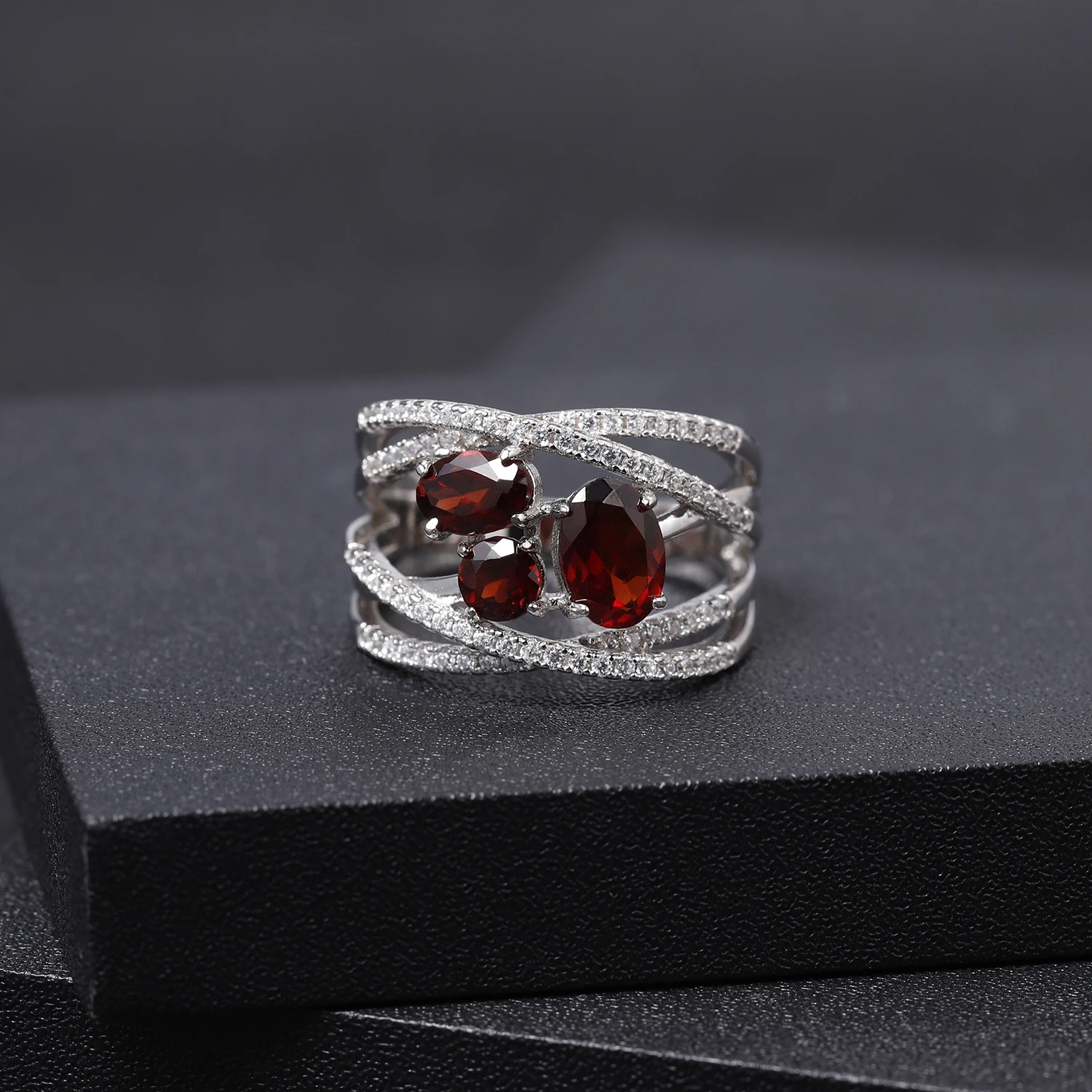 925 Sterling Silver Criss-Cross Gemstone Ring 1.87Ct Natural Red Garnet Finger R - £42.13 GBP