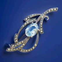 Vintage ART Deco STERLING SILVER 925 Diamond Cut Marcasite Aquamarine Brooch Pin - $280.25
