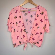 Pink Peach Floral Boho Tie Front Crop Top Short Sleeve Summer Beach Flowy Loose - £15.48 GBP