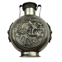 Tibetan Snuf Bottle Silver Etched Bird Turquoise Color Asian Chinese Mis... - $37.40