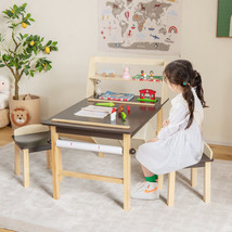 Wooden Drawing Desk Kids Art Table &amp; Chairs Set w/ Paper Roll Storage Shelf Bins - £152.54 GBP