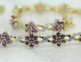 925 Silver Gold Plated 6CT Round Simulated Amethyst  Floral Bracelet - £122.65 GBP
