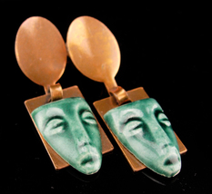 Vintage mask earrings - copper Tribal screw back heads /  asian princess / mask  - £68.11 GBP