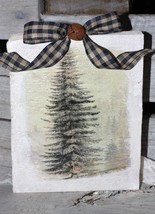 Vintage Botanical Pine Tree illustration print reclaimed wood shelf sitter block - £12.78 GBP